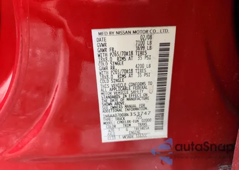 2008 Nissan Titan Xe из США, поврежденный, VIN 1N6AA07D08N353747